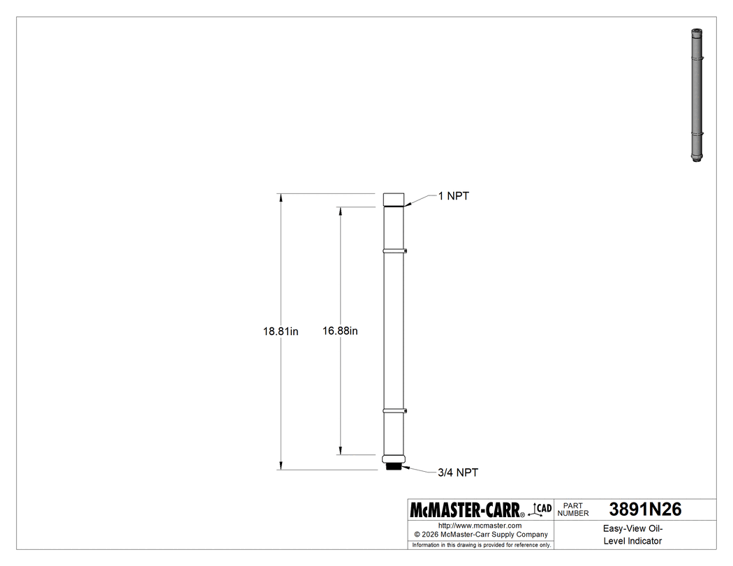 Technical Drawing of Easy-View Oil-Level Indicator, 3/4 NPT Male Thread, 18-13/16" Overall Height.